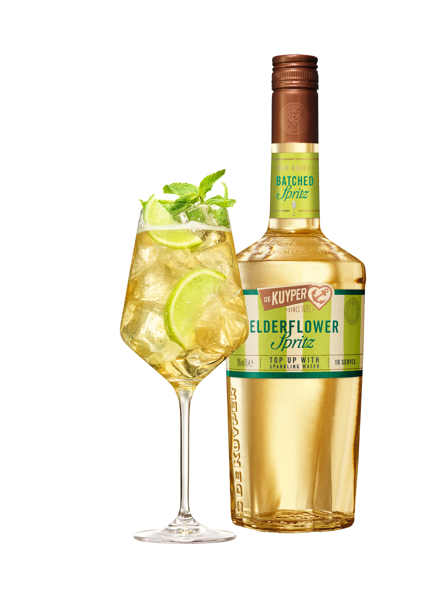 De Kuyper Batched Elderflower Spritz Bottle 1lt and serve_866x1181px_J_NR-11386